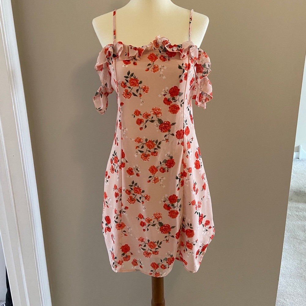 Pink floral cold shoulder mini dress